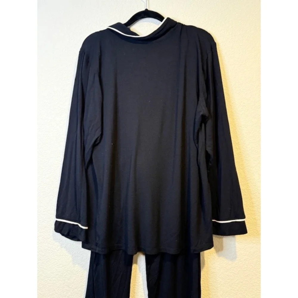 Hale Bob Womens Black Pajama Set Long Sleeve Button Down Pants Size L Piping